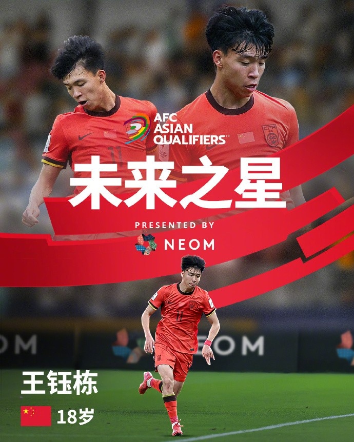 亞洲杯官方社媒發(fā)布王鈺棟個人海報：青年軍的旗幟，飄揚(yáng)在前哨
